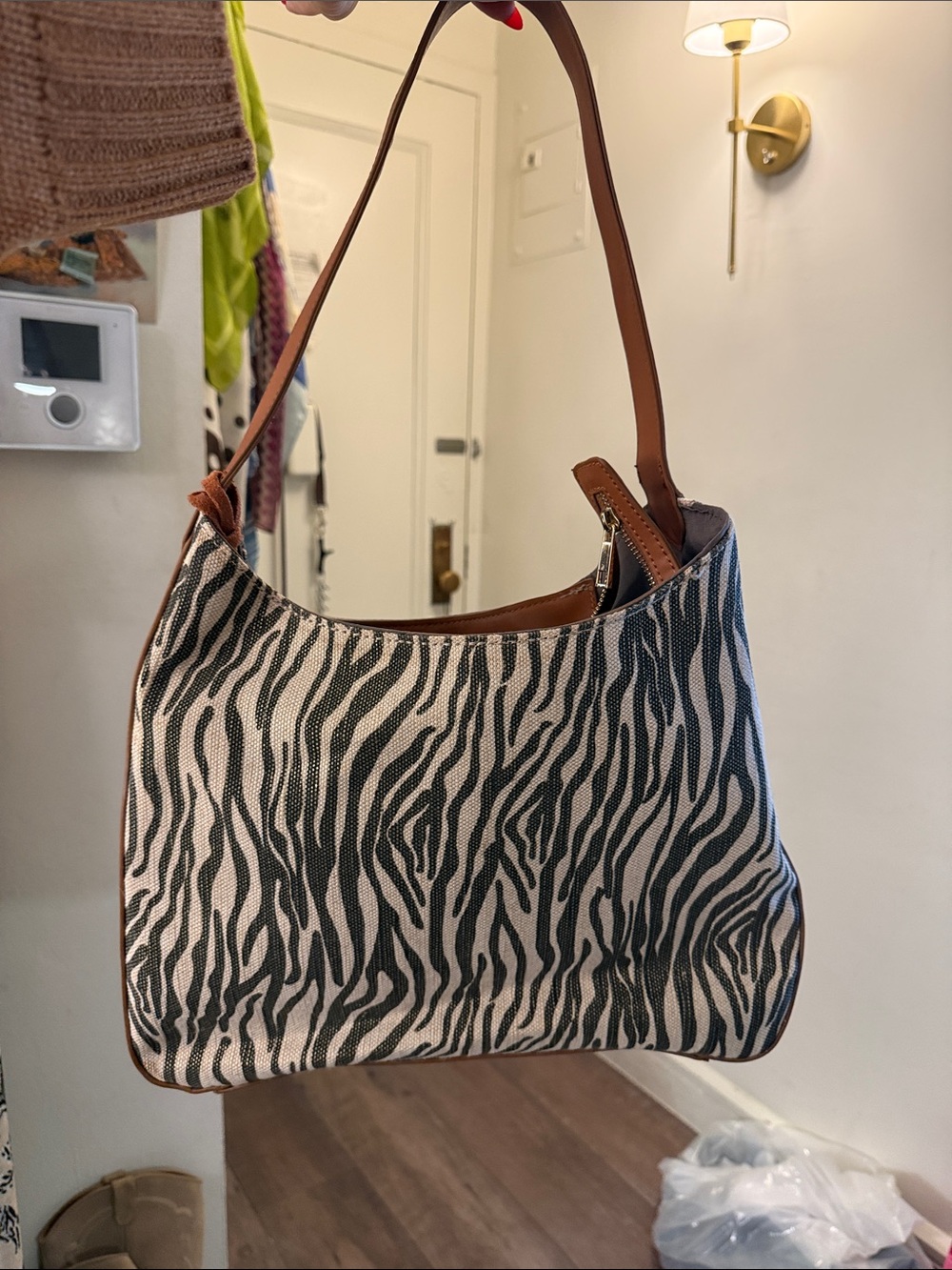 Street Level Zebra-Print Shoulder Bag in Black, White & Brown